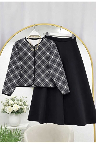 MODA VEDAT Women's Plaid Patterned Skirt Suit -04800