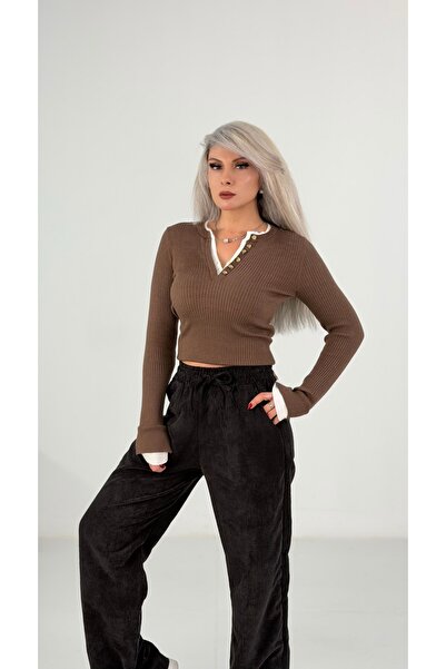 KAROL Fitilli Düğme Detaylı V Yaka Uzun Kollu Triko Bluz - Kahve