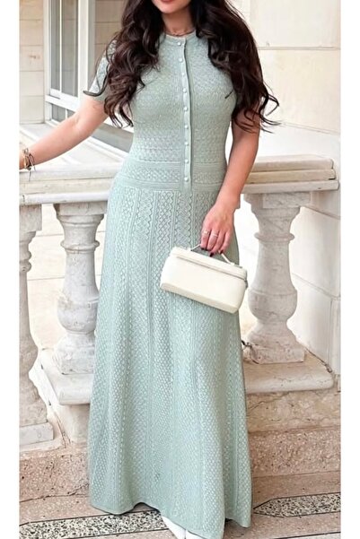 SPICA STORE Mint Yeşili İnci Düğmeli Triko Pamuk Uzun Kısa Kollu Elbise