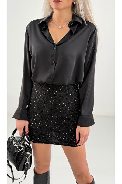 KAROL Siyah Saten Dökümlü Uzun Kollu Kadın Gömlek