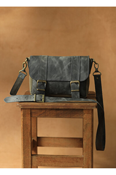 Önal kemer Hakiki deri canvas postacı çantası gri