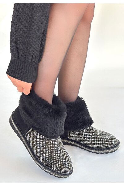 Zerenyus Likea Premium Siyah Süet Gümüş Boncuk İşlemeli Kürklü Bot