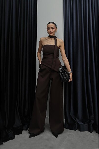 Havoş Brown Belted Strapless Blouse Pants Set