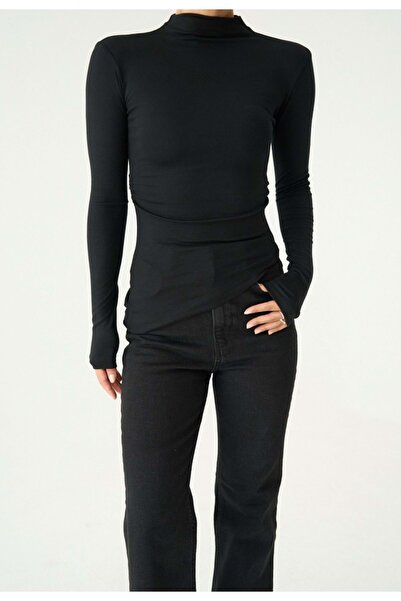 ibeeka Lightweight turtleneck side ruched long sleeve design blouse - black -...