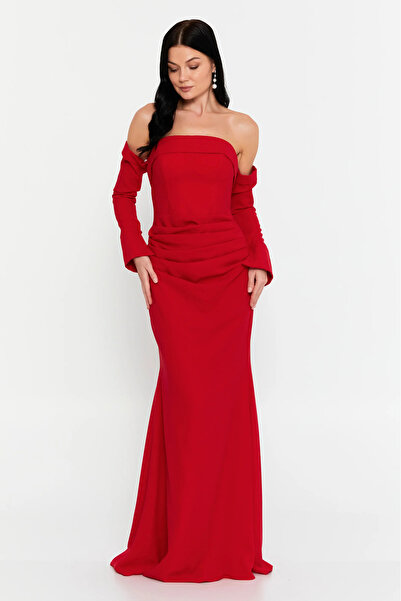 DORİDORCA Women's Strapless Long Evening Dress with Gloves 7145 Red