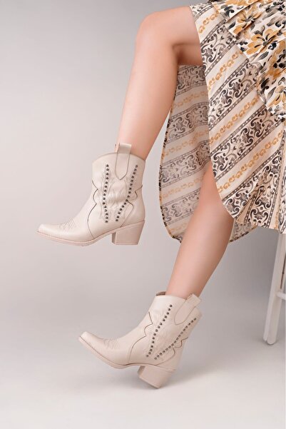 Zerenyus Cizme cu toc stil Western Mateo Premium Bej