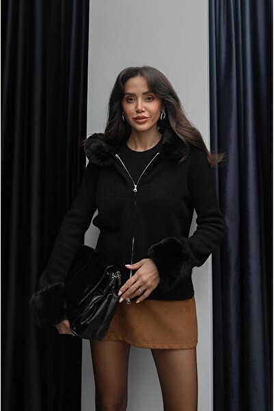 Havoş Black Cardigan with Fur Collar and Sleeves, Zippered