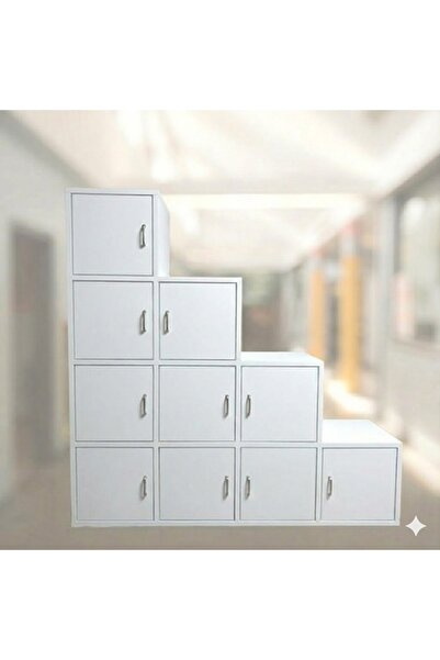 MukoToys 10 Bölmeli Kapaklı Basamaklı Çok Amaçlı Dolap (MDF) 30x30 Beyaz