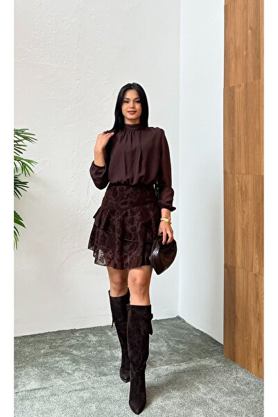 Nida Boutique Half Turtleneck Top Chiffon Skirt Flocking Printed Lined Chiffo...