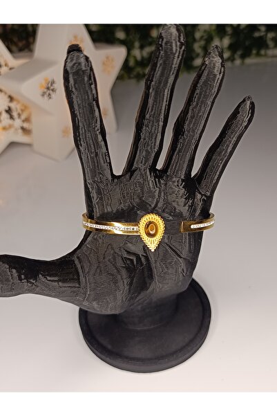AKSESUARIM Kadın Gold Çelik Zirkon Taşlı Damla Model Kelepçe Bileklik