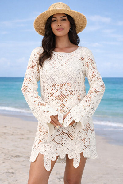 DM DİLAN MODA Women's Crochet Long Sleeve Beach Dress