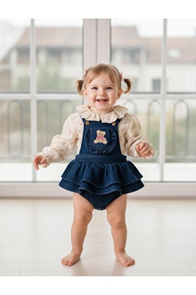 ministok Pink Bear Flexible Fabric Shirted Baby Girl Salopet Set