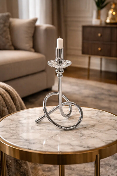 Urbanza حامل شموع فضي أنيق بقاعدة حلقية كريستالية – حامل شموع عصري مزخرف
