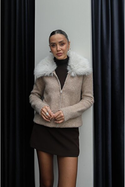Havoş Beige Pepa Collar Fur Zippered Cardigan