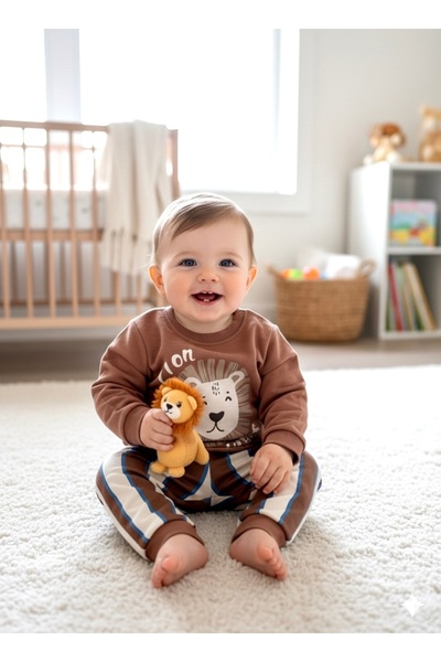 Erkek Bebek Aslan Figürlü Sweatshirt ve Çizgili Alt Eşofman Takımı