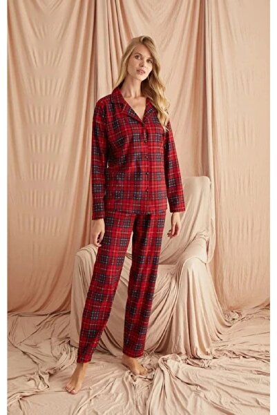 Işılay Plaid Suede Buttoned Long Sleeve Pajama Set