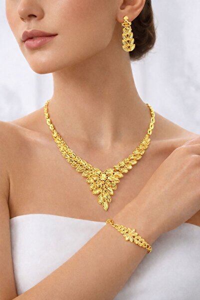 ELVİORE STORE Başak Model Altın Renk Yaprak Motifli Çelik Takı Seti