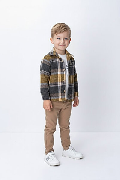 FURYATEX Boys' 3-Piece Set Plaid Shirt T-Shirt and Pants Set