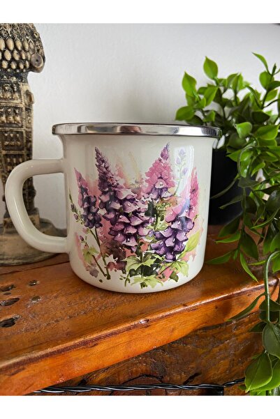 ALEV EMAYE Emaye Kupa 500 ml – 9 cm – Mor Çiçek Desenli