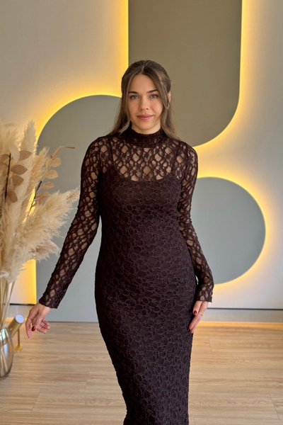 Aventien Mock Neck Elegant Brown Lace Dress