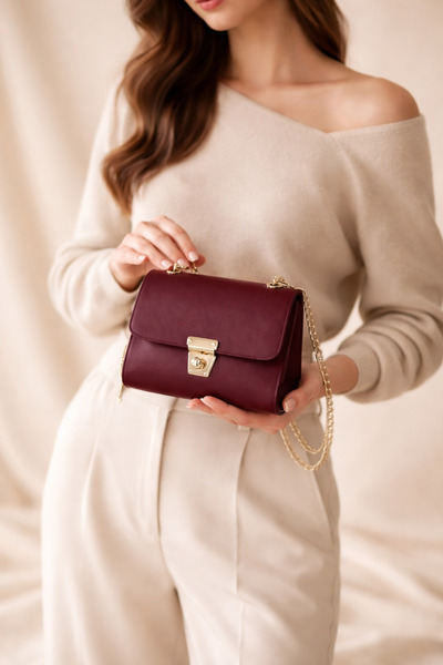 Tabris Luxary Kadın Bordo Zincir Askılı Mini Omuz & Çapraz Çanta – Gold Kilit...