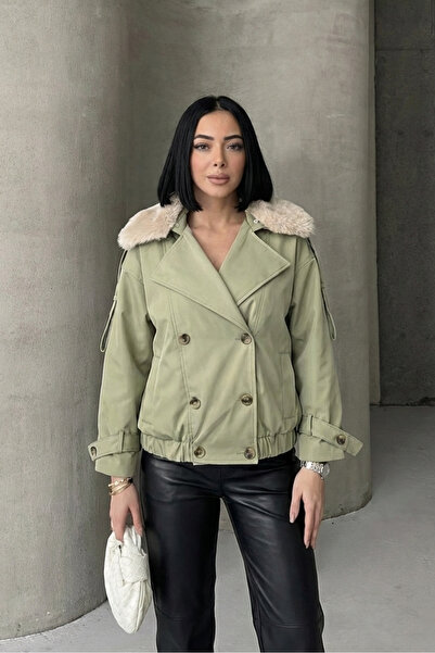 ALFUDO Moda Collection Fur Collar Elastic Waist Trench