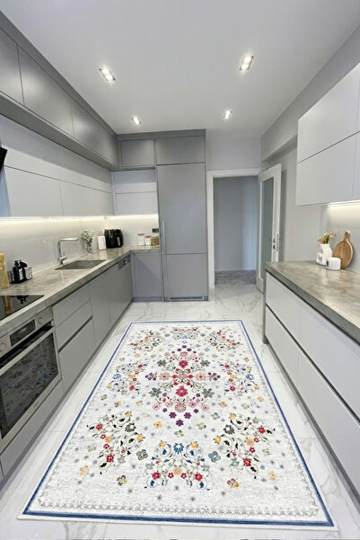 CENTER AVM Çiçekli Halı Mutfak Halısı Makinede Yıkanabilir Halı Kaymaz Taban ...