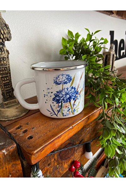 ALEV EMAYE Emaye Kupa 500 ml – 9 cm – Mavi Çiçek Desenli