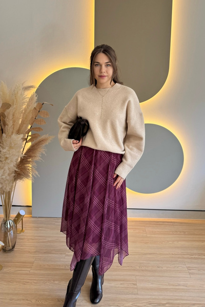 Aventien Plaid Patterned Asymmetrical Burgundy Chiffon Skirt