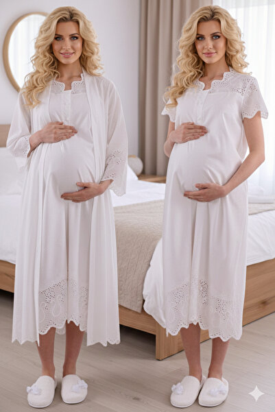 lohusahamile Ecru Fisto Linen Maternity Dressing Gown Nightgown Set