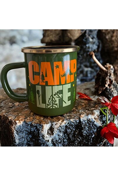 ALEV EMAYE Emaye Kampçı Kupa 300 ml – 8 cm – Camp Life Desenli, Yeşil