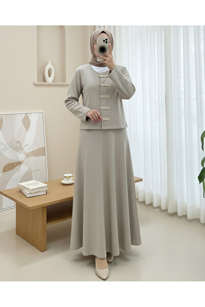 HİJABAYA Δερμάτινο Σετ Σελανίκ με Λεπτομέρειες και Φούστα με Κουμπιά στο Μπρο...