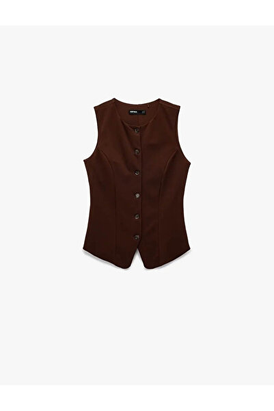 Koton Vestă maro pentru femei slim fit cu decolteu în V și nasturi 6WAK30093EK