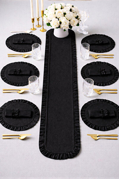 KaiHome Lune Series Round Black Dak Linen Fabric Ruffle Detailed 6 Person 13 ...