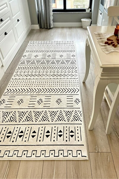 VOPTEKS Beyaz Siyah Halı Mutfak Halısı Makinede Yıkanabilir Halı Kaymaz Taban...