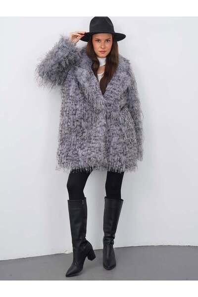 CELİORA STYLE Gri Kadın Kürk Kaban – Yumuşak Dokulu, Oversize Kışlık Kaban