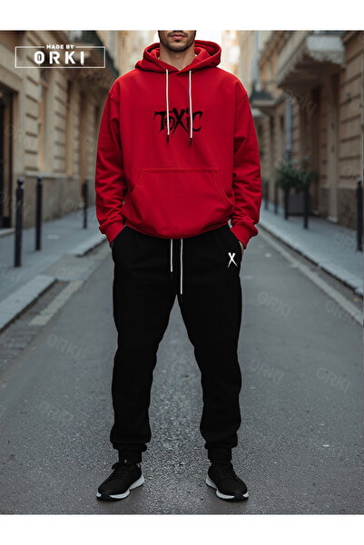 EFFRENATU Toxic Printed Red Oversize Hoodie & Black Jogger Tracksuit Set