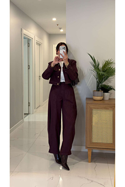 BİRCANÇİL Nelda Plum Denim Jacket Pants Set