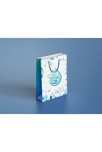 Markasız ucuz 10 Adet Arapça Motifli Karton Çanta – Mavi Tonlar – İp Saplı He...
