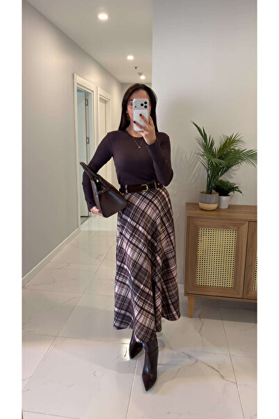 BİRCANÇİL Poppes Brown Beige Plaid Belted Skirt