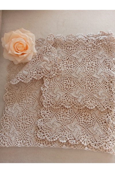 Pervin Ablacım Cream-Colored 7-Piece Room Set Is Knitted with Lace Handwork a...