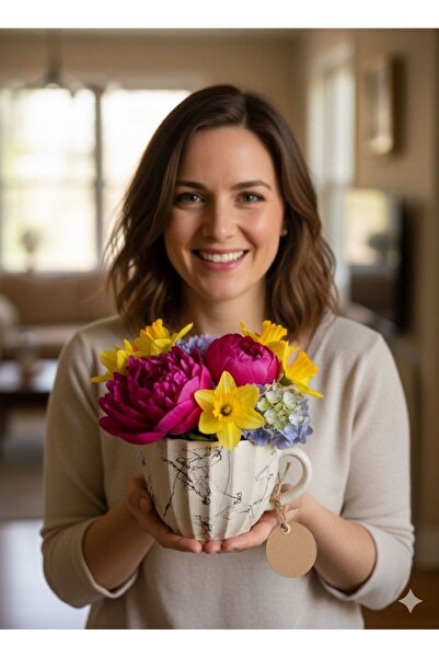 ALORA EL YAPIMI SERAMİK DEKORATİF FİNCAN SAKSI BOY 13 CM EN 23 CM