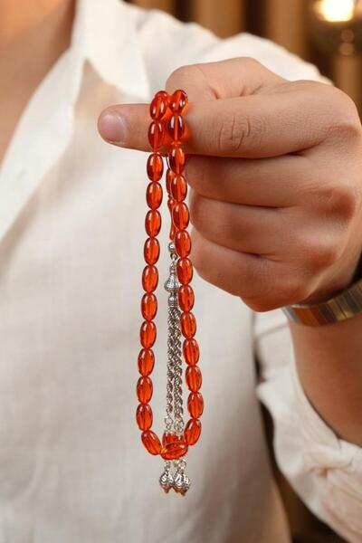 dergah tesbih Eşref Series Silver Design Orange Crimped Amber Prayer Beads