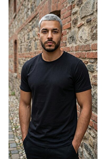 CLAW UP WORK Siyah Erkek Basic Tişört Pamuklu Bisiklet Yaka Rahat Kesim