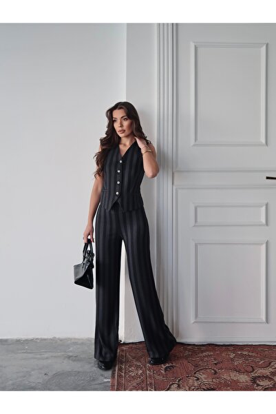 MAXXANA Striped Buttoned Vest and Pants Set