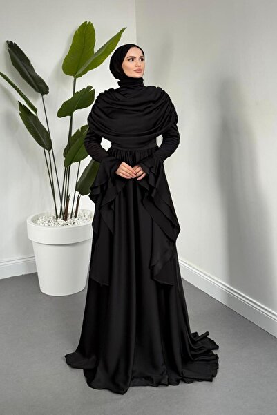 MERVEN AKYÜZ Sharin Drapeli Kolları Fırfırlı Abiye Siyah