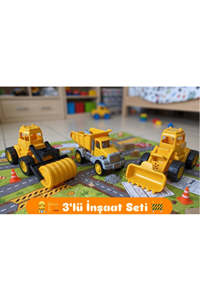 YıldızDükkan Oyuncak Plastik 3 lü İnşaat Seti Kepçe Kamyon Silindir Çocuk Hed...