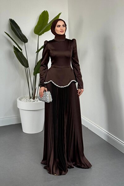 MERVEN AKYÜZ Sahar Belden Oturmalı Alt Kısmı Pliseli Abiye Kahverengi