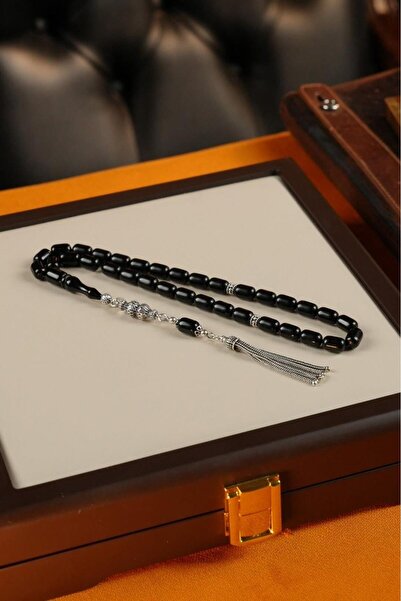 dergah tesbih Grand Series Silver Design Black Crimped Amber Prayer Beads