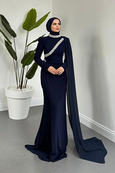 MERVEN AKYÜZ Shahrzad Pelerinli Taşlı Abiye Lacivert